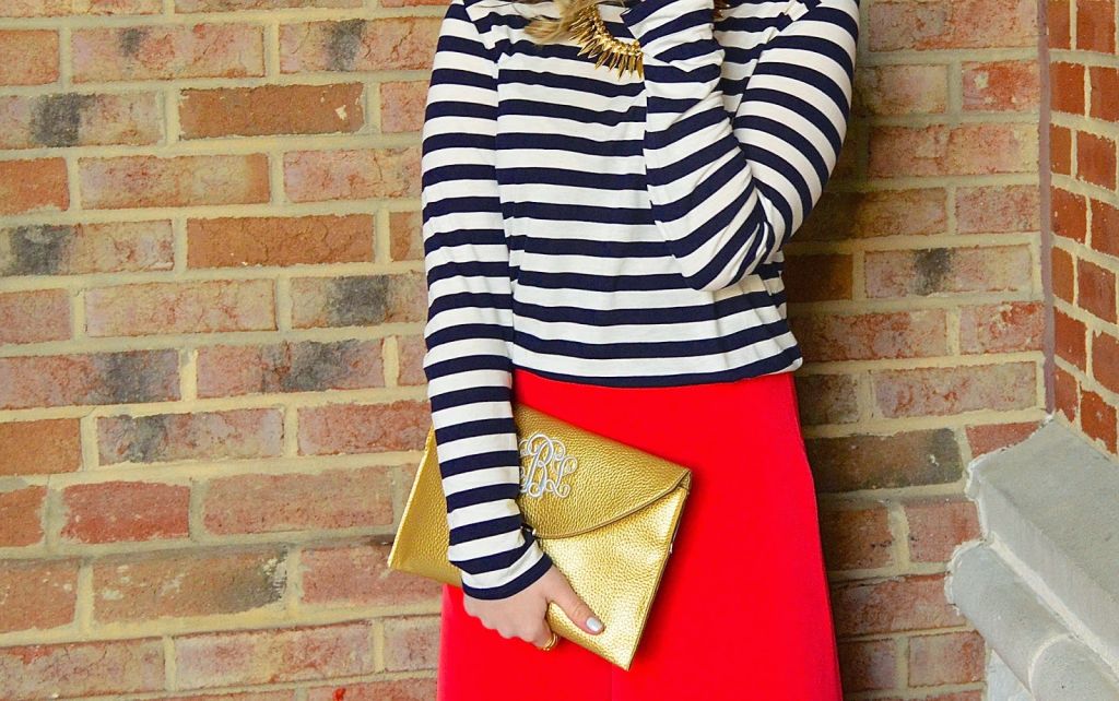 Red Statement Pants // Gold Monogrammed Clutch // Blue and White Stripe Tee Shirt // Louella Reese Life & Style Blog