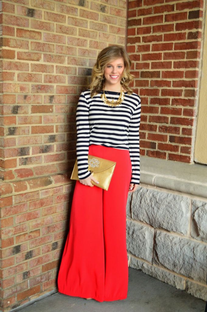 Red Statement Pants // Blue and White Stripe Tee Shirt // Gold Monogrammed Clutch // Louella Reese Life & Style Blog
