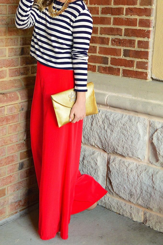 Red Statement Pants // Gold Monogrammed Clutch // Louella Reese Life & Style Blog