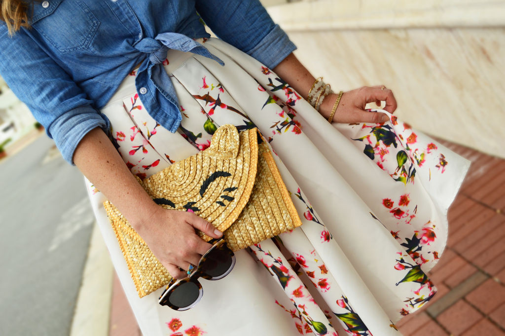 Midi Skirt, Floral, Summer Style, Chambray, Karen Walker Sunglasses