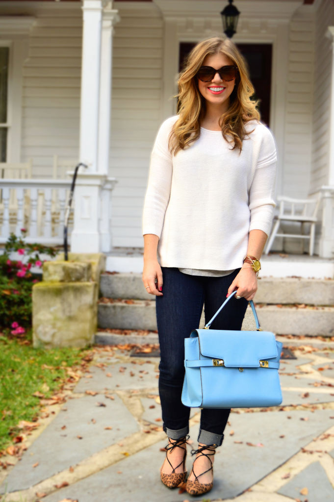 Leopard, Lace Up Flats, Fall Style, Henri Bendel Uptown Satchel, Old Navy Ivory Sweater