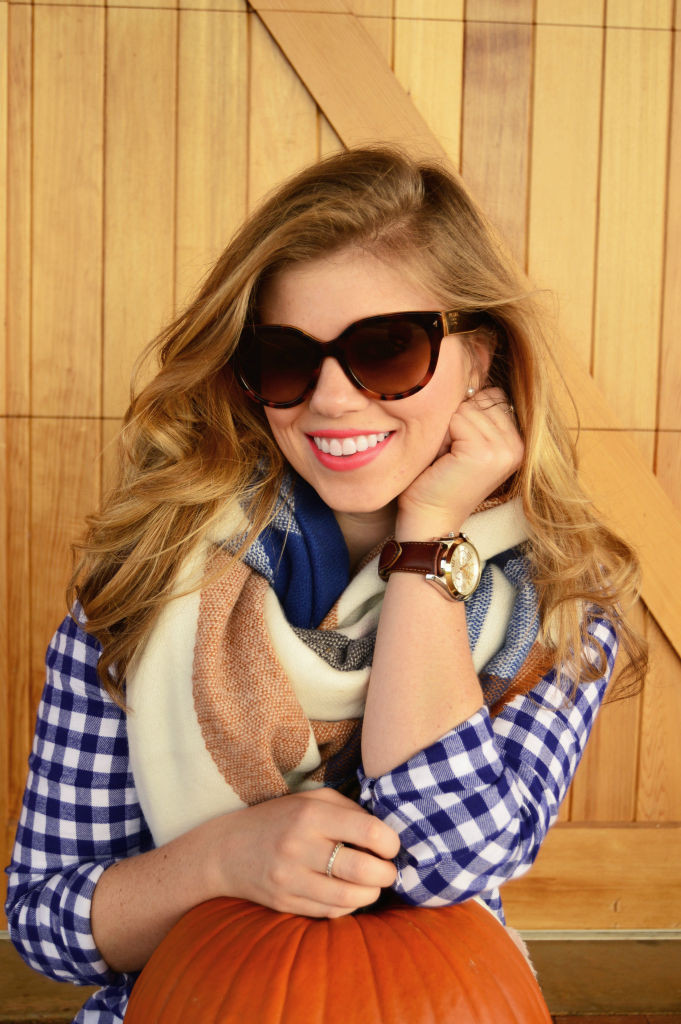 pumpkin patch, blanket scarf, gingham shirt, j.crew style, fall style 