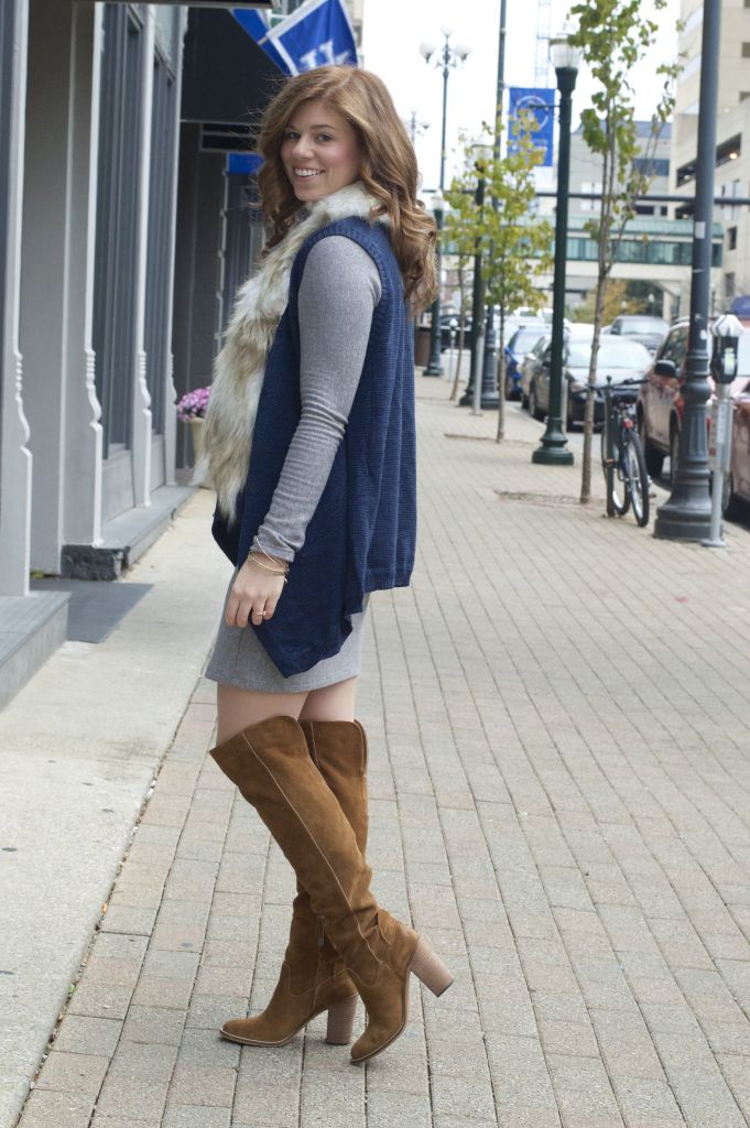 OTK Boots, Over The Knee Boots, Fall Boots, Dolce Vita Boots, Sweater Dress, Faux Fur Vest 