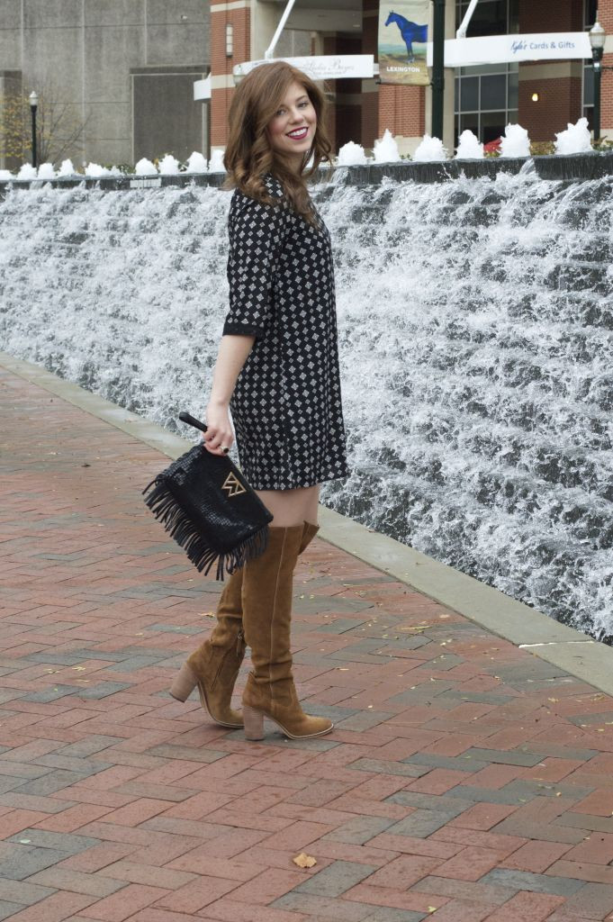 Holiday Style, Holiday Dress, Christmas Dress, OTK Boots, Fringe Clutch, Holiday Clutch 