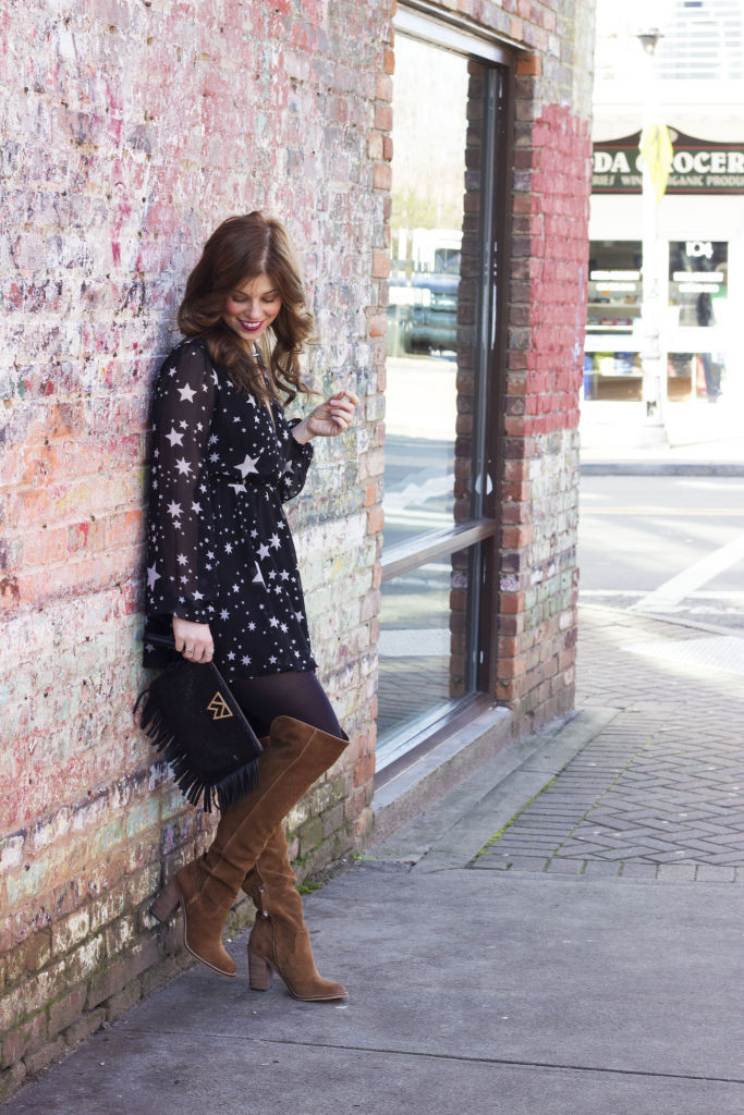 su2c x Revolve, OTK boots, Kelly Wynne Frisky Biz Clutch, Dolce Vita Over The Knee Boots, Open back party dress, brown suede over the knee boots 