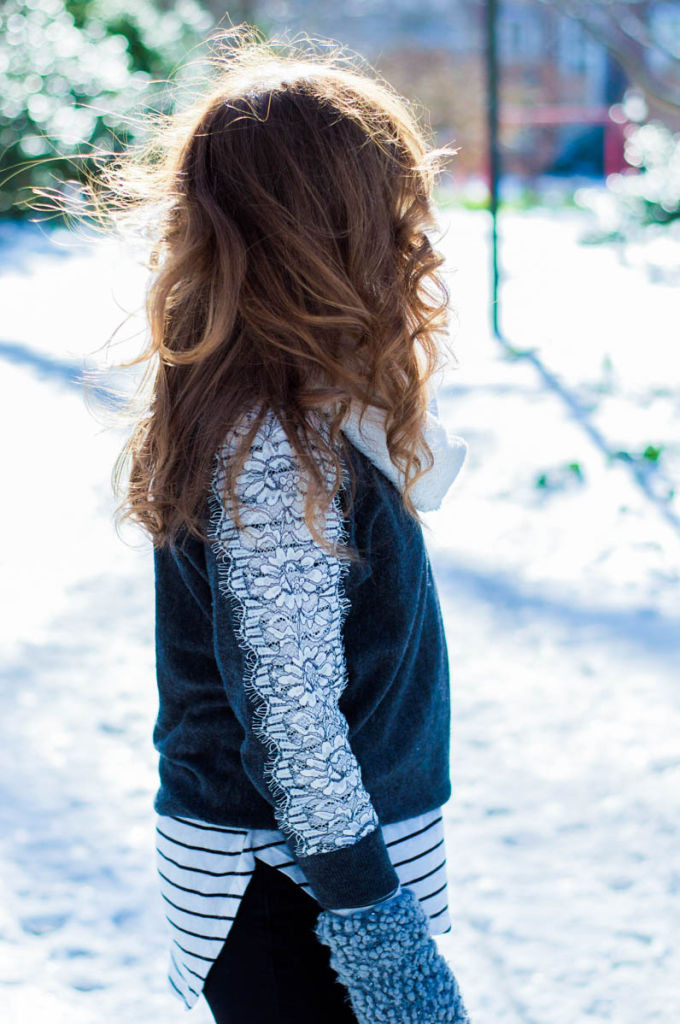 Anthropologie Mittens, J.Crew Lace Trim Sweater, Stripe high-low tee, ugg boots, ugg bailey button boots