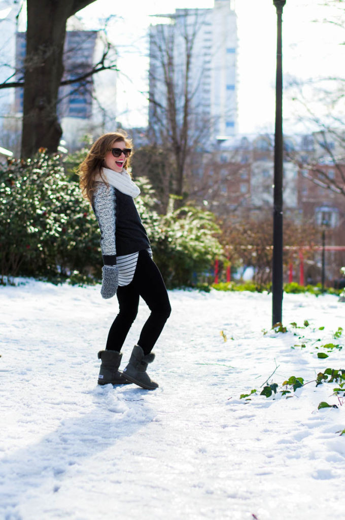 Anthropologie Mittens, J.Crew Lace Trim Sweater, Stripe high-low tee, ugg boots, ugg bailey button boots