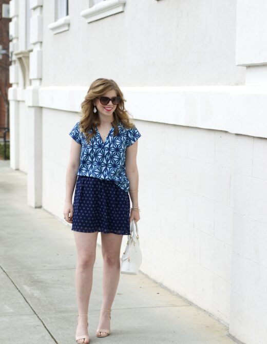 All For Color Blouse, Old Navy Mini Skirt, Nude Sandal Heels, Vera Bradley Angled Bowler, Spring Style, Spring Date Night