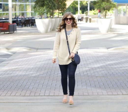 Anthropologie, Lace Up Sweater, Spring Style, Frame Denim, Draper James Circle Handbag, J.Crew Stripe Tee