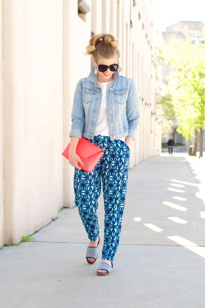 Pattern Pants, How To Style Your White Tee, J.Crew Envelope Clutch, Loft Denim Jacket, Lands End O'drsay Peep Toes