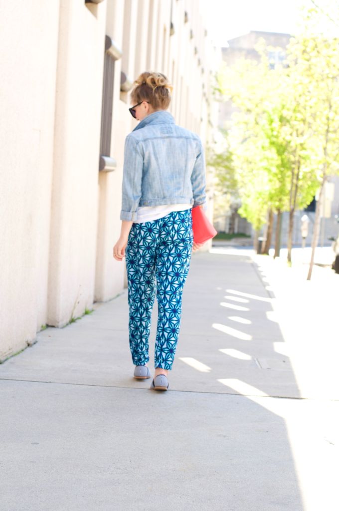 Pattern Pants, How To Style Your White Tee, J.Crew Envelope Clutch, Loft Denim Jacket, Lands End O'drsay Peep Toes