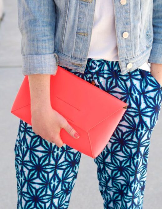 Pattern Pants, How To Style Your White Tee, J.Crew Envelope Clutch, Loft Denim Jacket, Lands End O'drsay Peep Toes