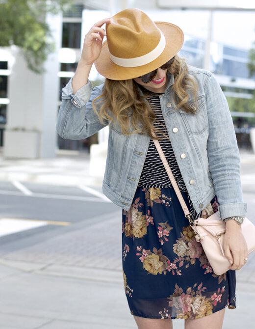 Loft Denim Jacket, Kate Spade Crossbody, Tieks Ballet Flats, J.Crew Panama Hat, Karen Walker One Number Sunglasses