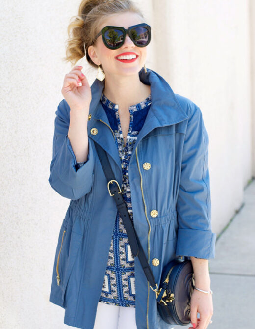 Spring Anorak Jacket, Anthropologie Style, White Denim, Karen Walker One Worship Sunglasses, Draper James Circle Handbag, Landsend Peep Toe Flats