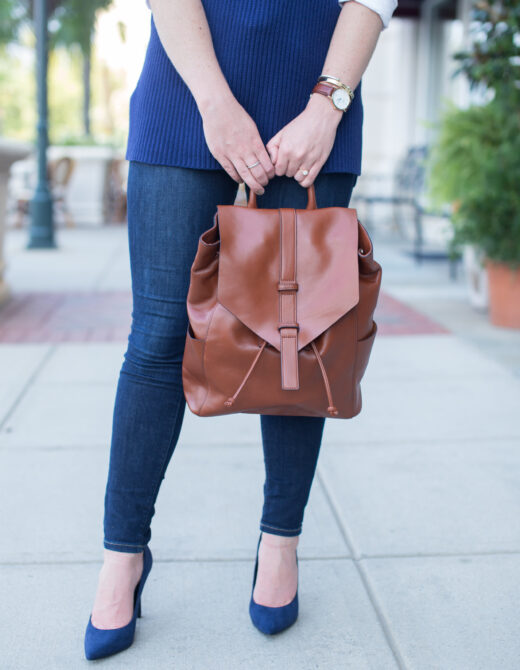 Vera Bradley Big Sky Backpack, J.Crew Sweater Tunic, Blue Suede Pumps, Kendra Scott Grant Necklace, AG Denim Skinny Jeans, Loft Oxford