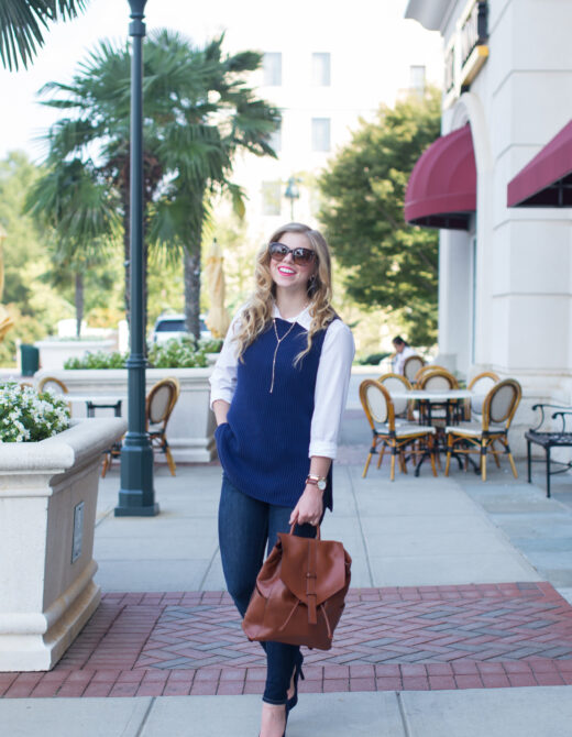 Vera Bradley Big Sky Backpack, J.Crew Sweater Tunic, Blue Suede Pumps, Kendra Scott Grant Necklace, AG Denim Skinny Jeans, Loft Oxford