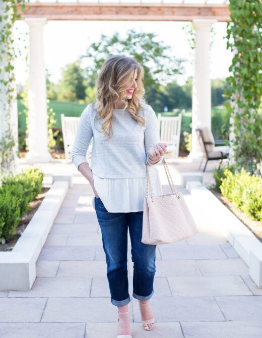 Tory Burch Marion Diamond Quilted Tote, Loft Mixed Media Peplum Top, Citizens of Humanity Boyfriend Jeans, Bp. Luminate Open Toe Sandals, David Yurman Cuff