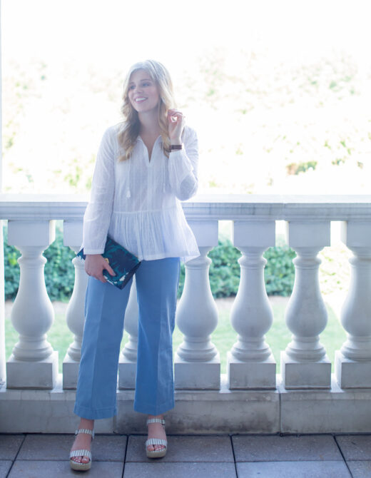 J.Crew Textured Top With Tassel Tie, J.Crew Rayner Chino, Draper james Clutch, Daniel Wellington Watch, Summer to Fall Style