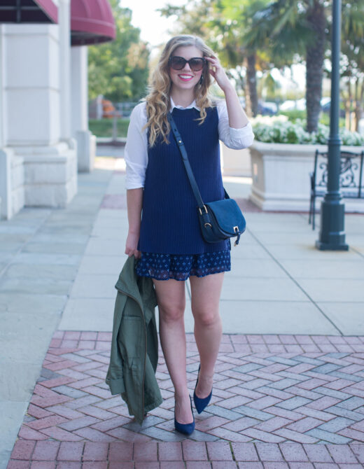 Ivanka Trump Small Saddle Bag, J.Crew Sweater Tunic, Madewell Fleet Jacket, Suede Navy Pumps, Patterned Mini Skirt