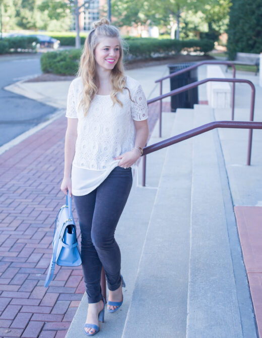 Pleione Double Layer Short Sleeve Lace Top, Kut from the Kloth Diana Stretch Corduroy Skinny Pants, Henri Bendel Satchel, Half-up Top Knot, Steve Madden Carrson Sandals, Summer to Fall Style