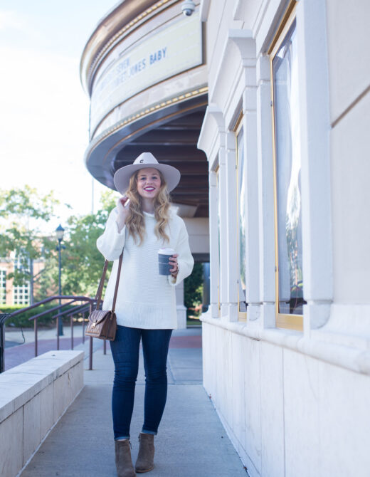 Vince Camuto Ribbed Turtleneck Sweater, Oversized Sweater, Treasure & Bond Winsor Block Heel Booties, Vera Bradley Quilted Tess Crossbody, Charlie 1 Horse Felt Hat