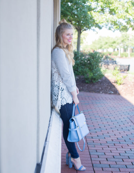 Chelsea28 Lace Back Sweater, Fall Style, Frame Skinny Jeans, Henri Bendel Satchel, Half-up Top Knot, Steve Madden Carrson Sandals