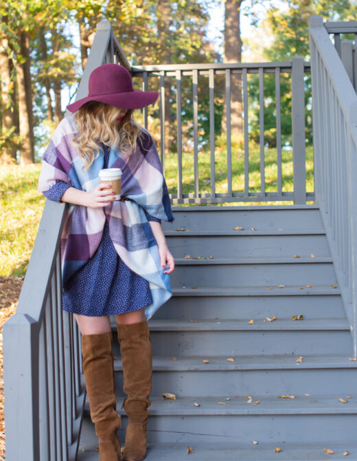 Swirling Honey Blanket Scarf, Plaid Blanket Scarf, Old Navy Dress, Dolce Vita Over The Knee Boots, Burgundy Felt Hat, Leopard Skinny Belt