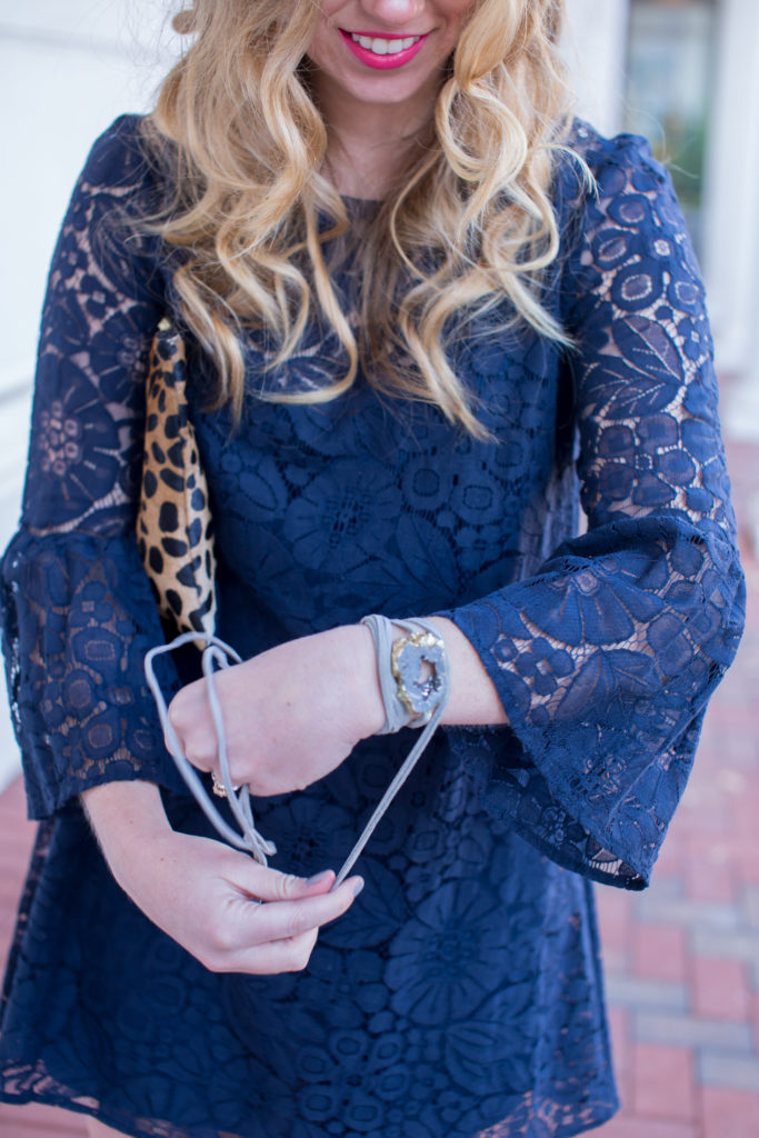 Holiday Date Night, Elizabeth and James Lace Dress, Dolce Vita Over the Knee Boots, Clare V Leopard Clutch, Suede and Stones Bracelet, Wrap Stone Bracelet