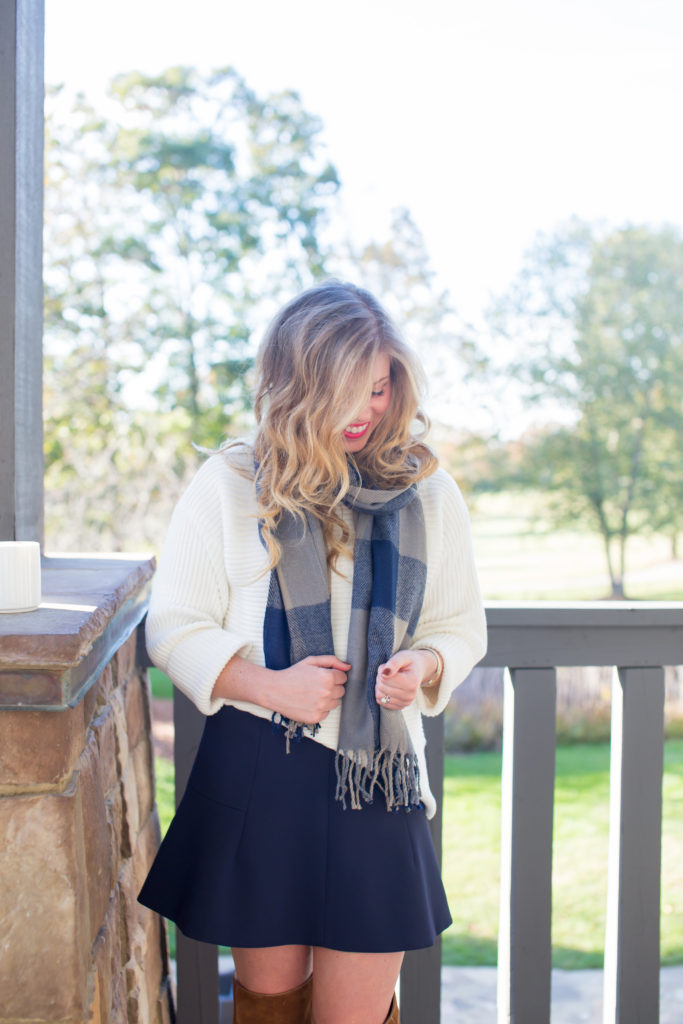 Vince Camuto Ribbed Turtleneck Sweater, Plaid Scarf, Dolce Vita Over The Knee Boots, J.Crew Flute Skirt, Thanksgiving Outfit, David Yurman Cable Cuff