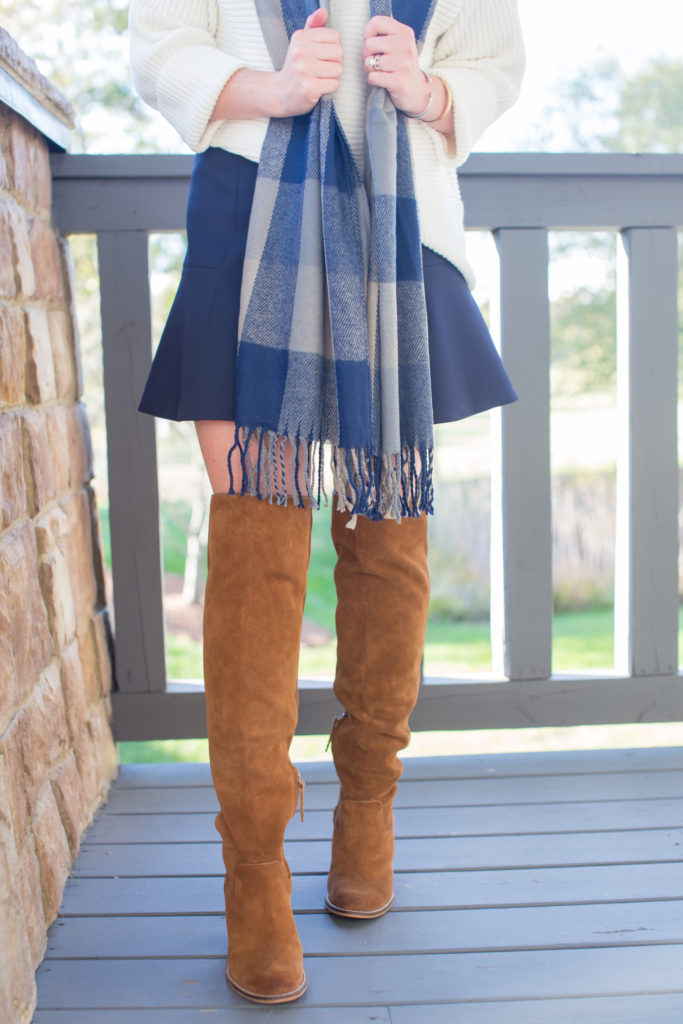 Vince Camuto Ribbed Turtleneck Sweater, Plaid Scarf, Dolce Vita Over The Knee Boots, J.Crew Flute Skirt, Thanksgiving Outfit, David Yurman Cable Cuff