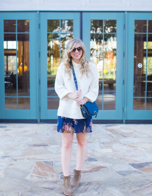 Vince Camuto Sweater, Treasure & Bond Booties, Ivanka Trump Saddle Crossbody, Target Sunglasses, Floral Skirt for Fall, David Yurman Cuff