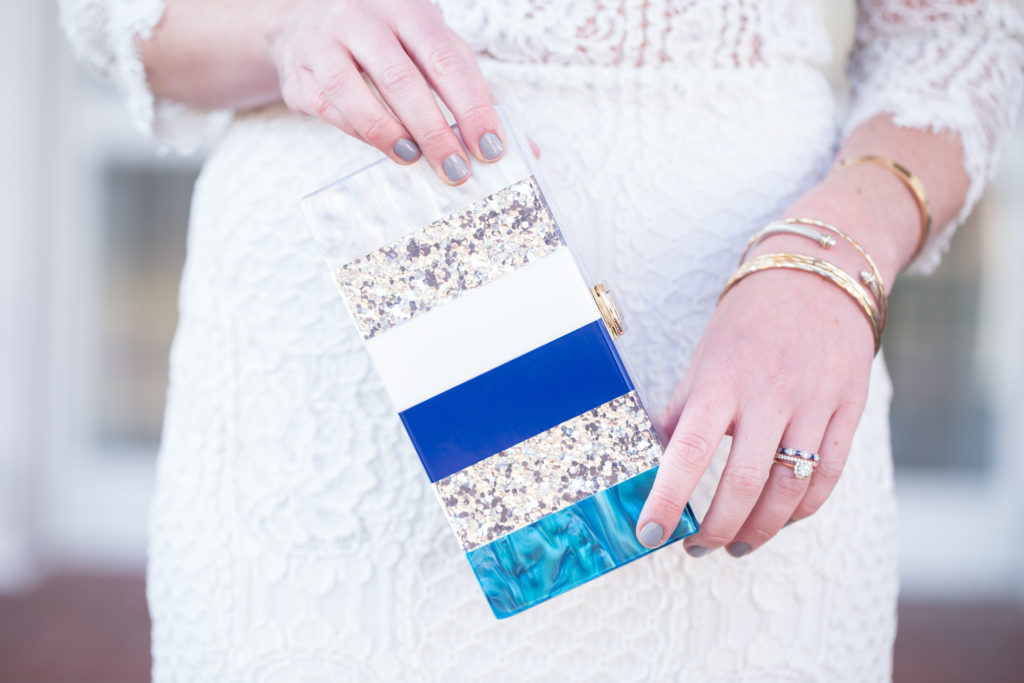 White New Years Eve Dress, Milly Marble Box Clutch, Alexis White Miller Lace Sheath Dress, David Yurman Bangle, Navy Suede Pumps