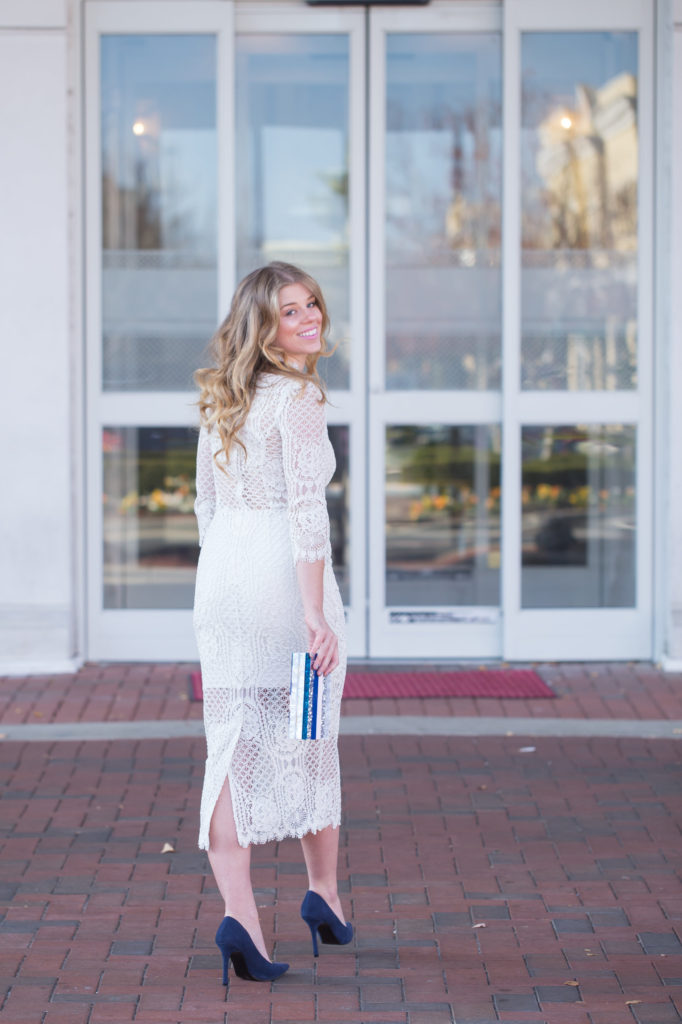 White New Years Eve Dress, Milly Marble Box Clutch, Alexis White Miller Lace Sheath Dress, David Yurman Bangle, Navy Suede Pumps