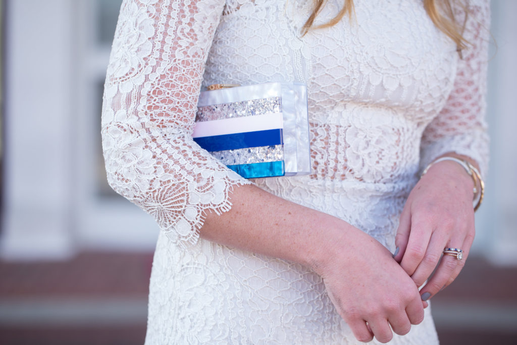 White New Years Eve Dress, Milly Marble Box Clutch, Alexis White Miller Lace Sheath Dress, David Yurman Bangle, Navy Suede Pumps