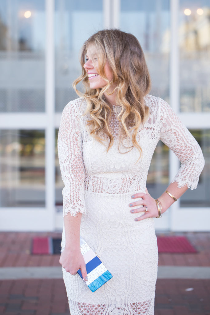 White New Years Eve Dress, Milly Marble Box Clutch, Alexis White Miller Lace Sheath Dress, David Yurman Bangle, Navy Suede Pumps