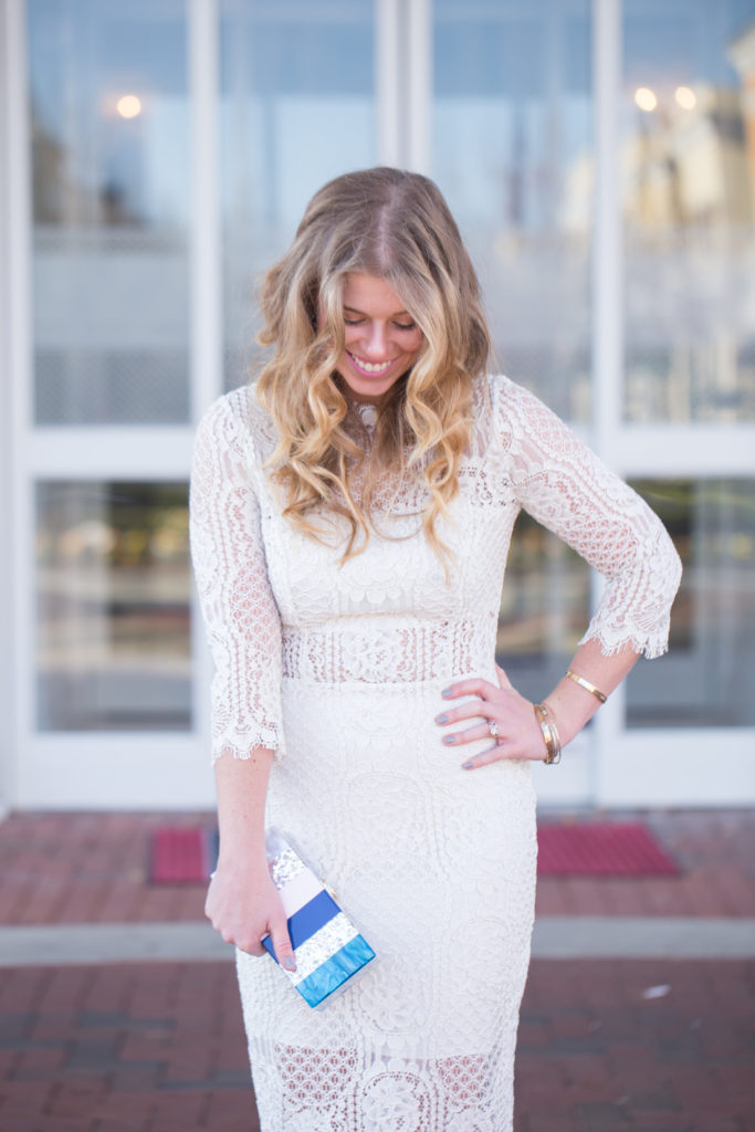 White New Years Eve Dress, Milly Marble Box Clutch, Alexis White Miller Lace Sheath Dress, David Yurman Bangle, Navy Suede Pumps