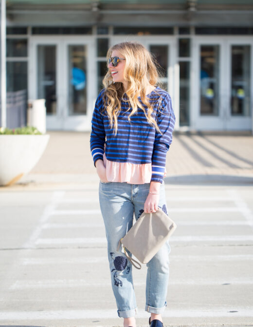 Ruffled Rugby Pullover, Pilcro Em High Rise Boyfriend Jean, Anthropologie, Anthropologie Style, Halogen Emily Loafers, Karen Walker Harvest 50mm Retro Sunglasses, Embroided Jeans, Embroidered Denim, Spring 2017 Trends