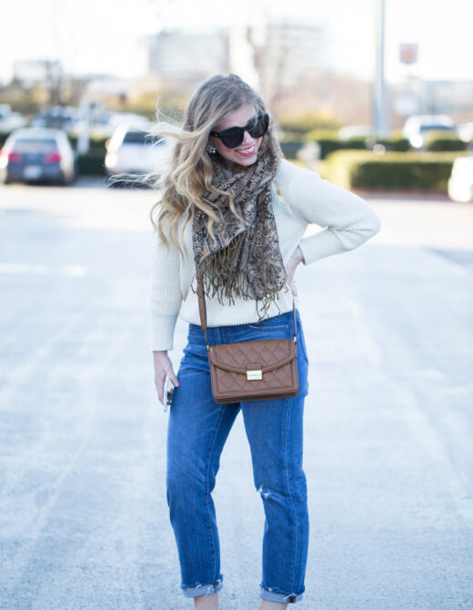J.Crew Textured Cotton Sweater with Anchor Buttons, J.Crew Vintage Crop Jeans, Vera Bradley Quilted Tess Crossbody, Karen Walker Harvest 50mm Retro Sunglasses, Transition Mom Jeans