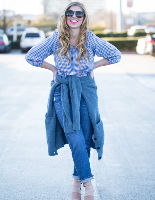 J.Crew Stretch Boucle Cardigan Sweater. J.Crew Penny Top in Gingham, J.Crew Vintage Crop Jeans, Marc Fisher LTD Adalyne Platform Wedge, Karen Walker Harvest 50mm Retro Sunglasses