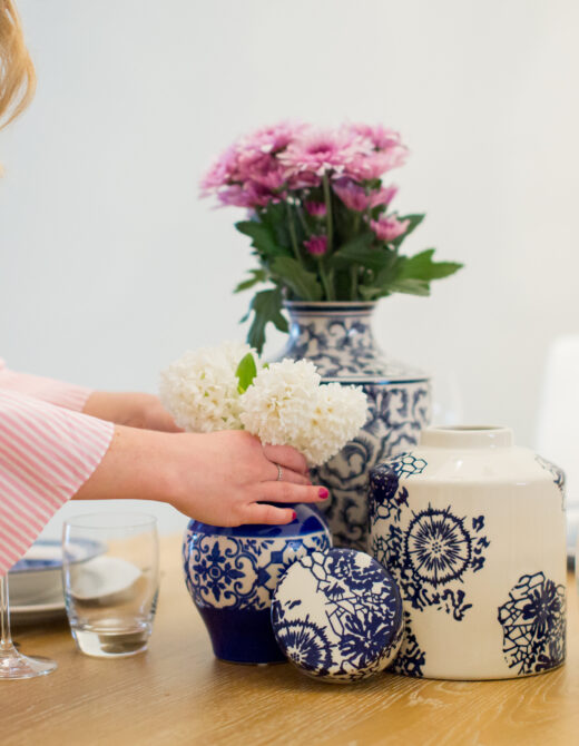 Louella Reese Ginger Jar Centerpiece, Ginger Jars, Blue & White Centerpiece, Blue & White Decor