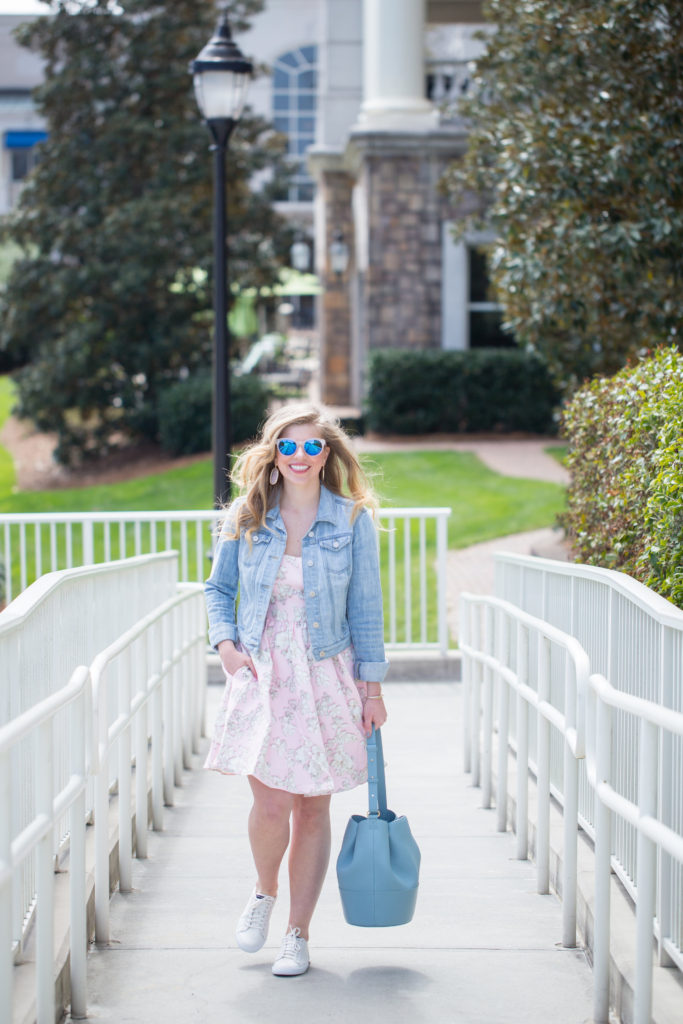 Louella Reese Pink Floral Fit & Flare Dress // How to Style White Tennis Shoes with a Dress 