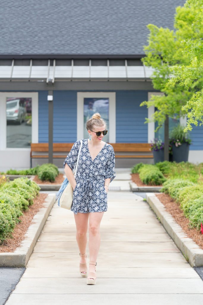 Navy and White Three Quarter Sleeve Romper | Louella Reese | Charlotte Life & Style Blogger 