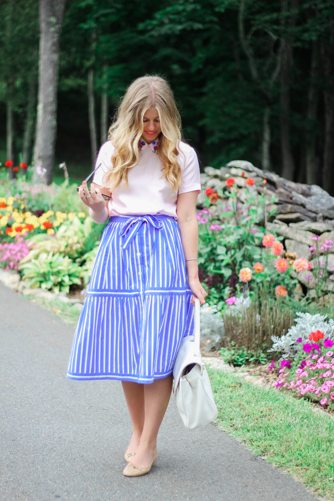 Blue and White Stripe Midi Skirt // Draper James Blush Clementine Top // Louella Reese Life & Style Blog 