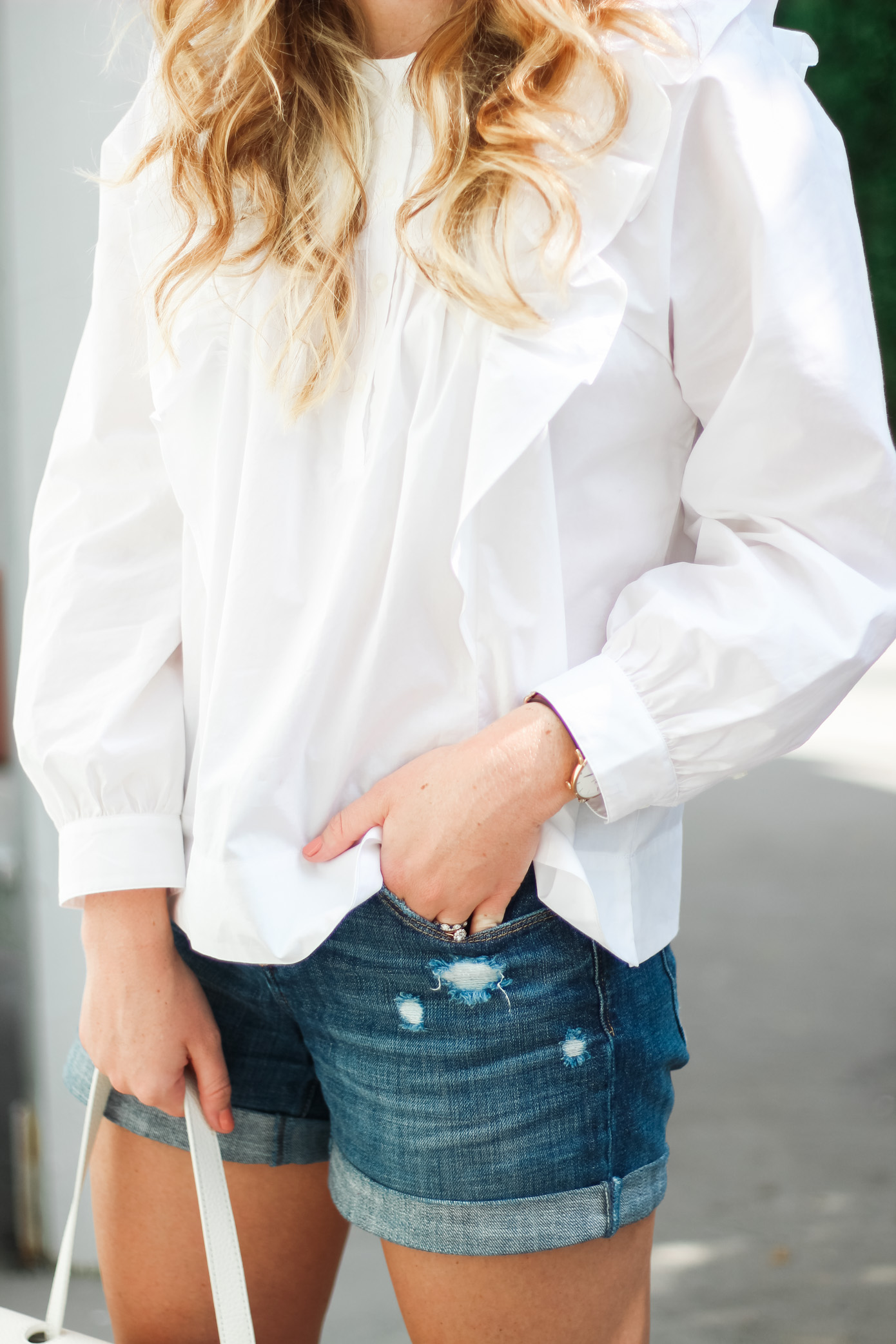 White Ruffle Shirt // Cut Off Shorts Styled for Fall // Louella Reese Life & Style Blog