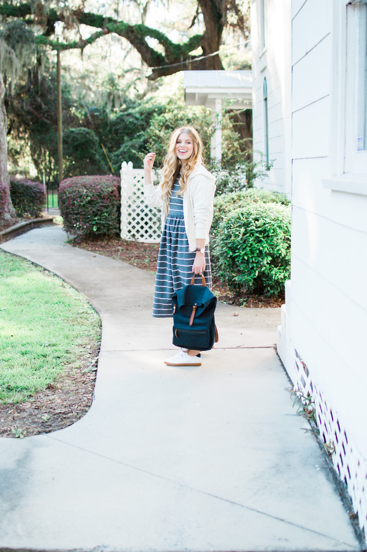 Casual Stripe Midi Dress for Fall | Casual Fall Travel Style | Louella Reese Life & Style Blog