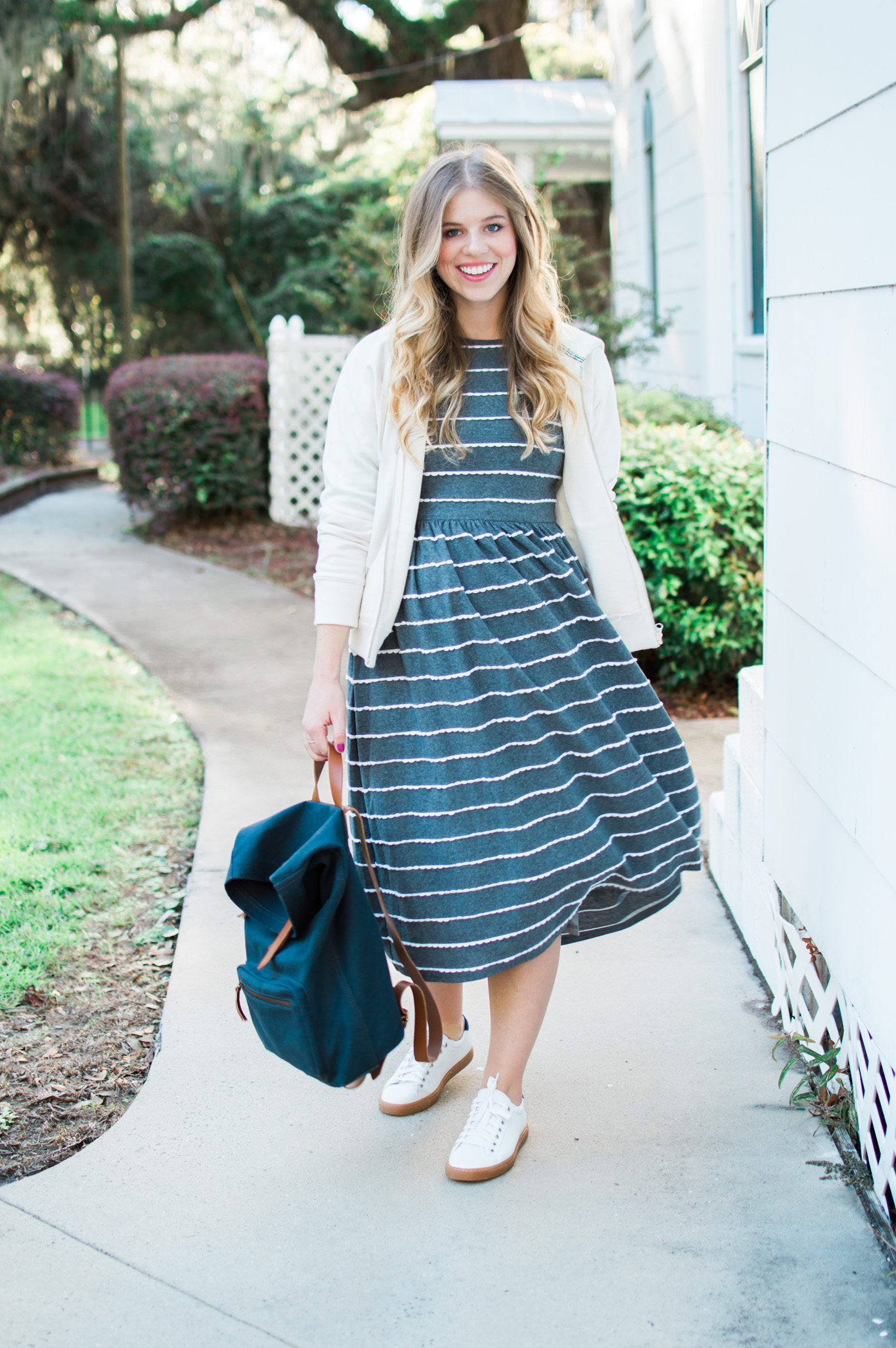 Casual Stripe Midi Dress for Fall | Casual Travel Style | Louella Reese Life & Style Blog