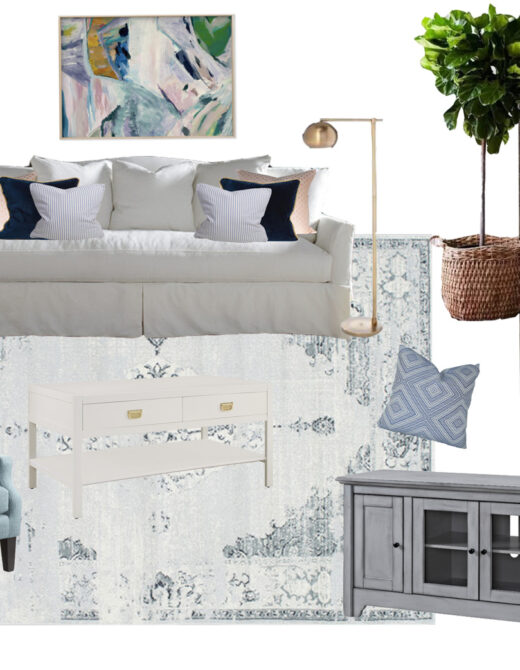 Bright Airy Living Room Design Board | Blue and White Living Room | Louella Reese Life & Style Blog