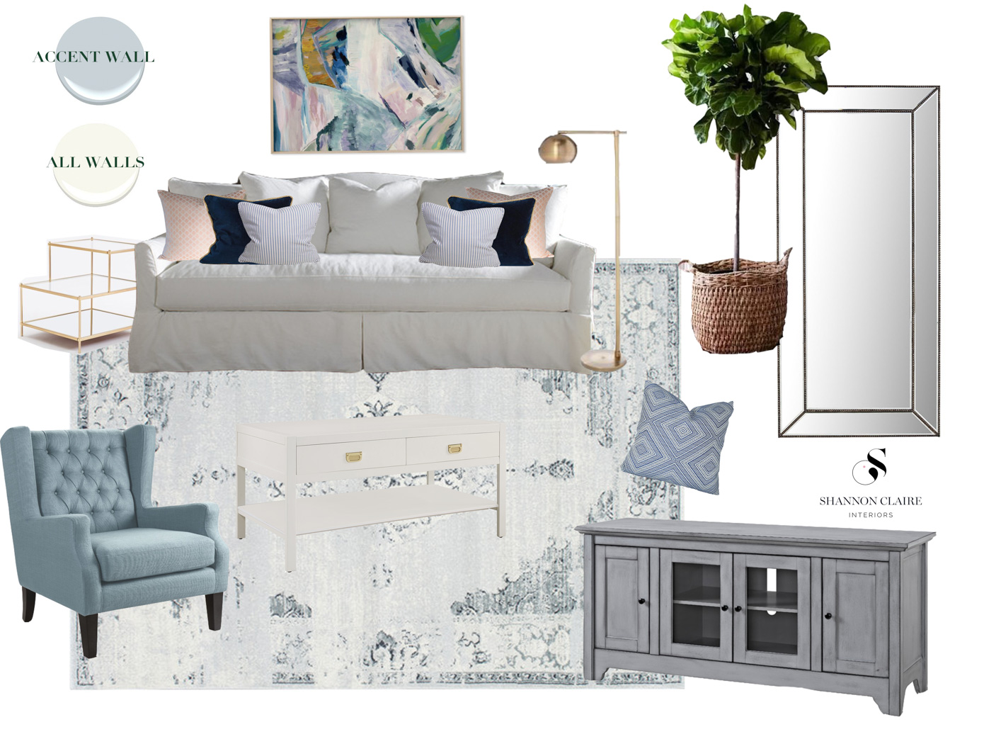 Bright Airy Living Room Design Board | Blue and White Living Room | Louella Reese Life & Style Blog