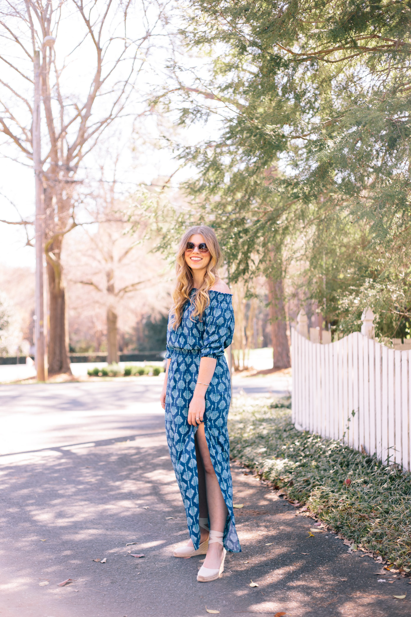 Blue Off the Shoulder Maxi Dress for Spring | Louella Reese Life & Style Blog 