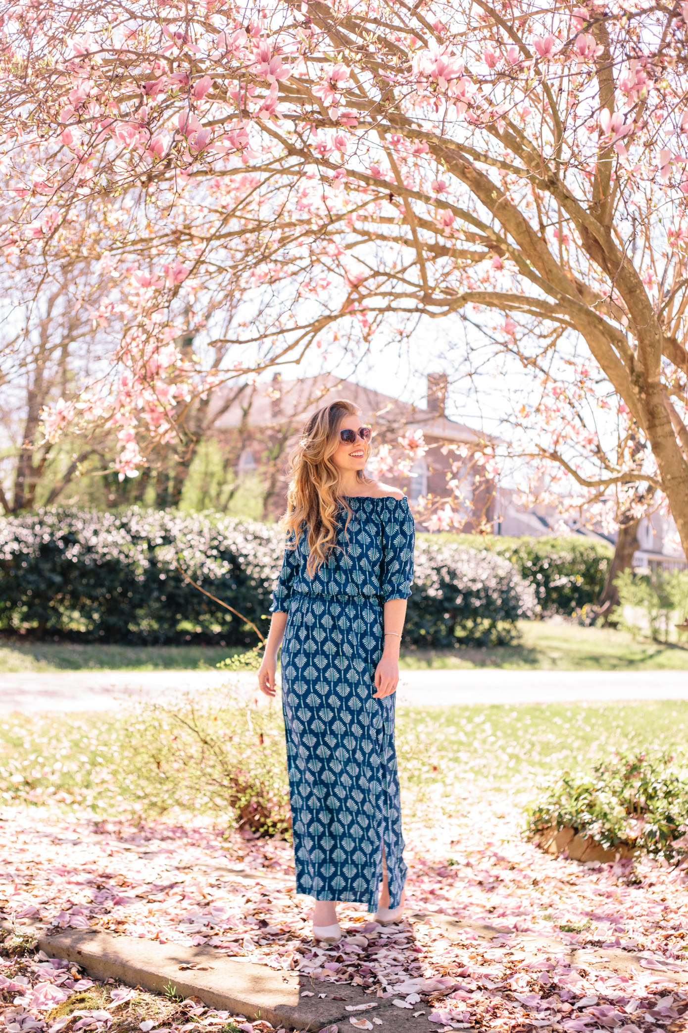 Blue Off the Shoulder Maxi Dress for Spring | Louella Reese Life & Style Blog 